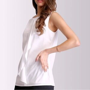 Theory Silk Ruffle Blouse Sleeveless Sheer Shell Top Ivory White Petite Small